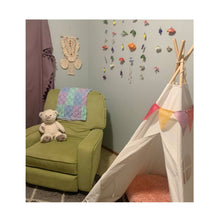 Load image into Gallery viewer, Exhibit this small whimsical macrame fiber art! It’s uniquely paired with two hanging macrame feathers on each side. Beads will be ALL tan. Option to change feather colors is available.