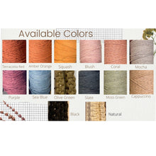 Load image into Gallery viewer, Available colors for our 100% recycled cotton cord; Terracotta Red, Amber Orange, Squash, Blush, Coral, Mocha, Purple, Sea Blue, Olive Green, Slate, Moss Green, Cappuccino, Black and Natural. Order your color right away because colors are not guaranteed to be in stock.