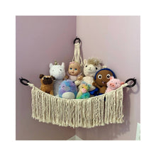 Load image into Gallery viewer, Uniquely display your kids favorite stuffed animals. This stylishly fun macrame Homie Hammock in the corner of their room will help keep their room organized so they know right where to find their pals for cuddle time.
