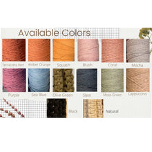Load image into Gallery viewer, Available colors for our 100% recycled cotton cord; Terracotta Red, Amber Orange, Squash, Blush, Coral, Mocha, Purple, Sea Blue, Olive Green, Slate, Moss Green, Cappuccino, Black and Natural. Order your color right away because colors are not guaranteed to be in stock.
